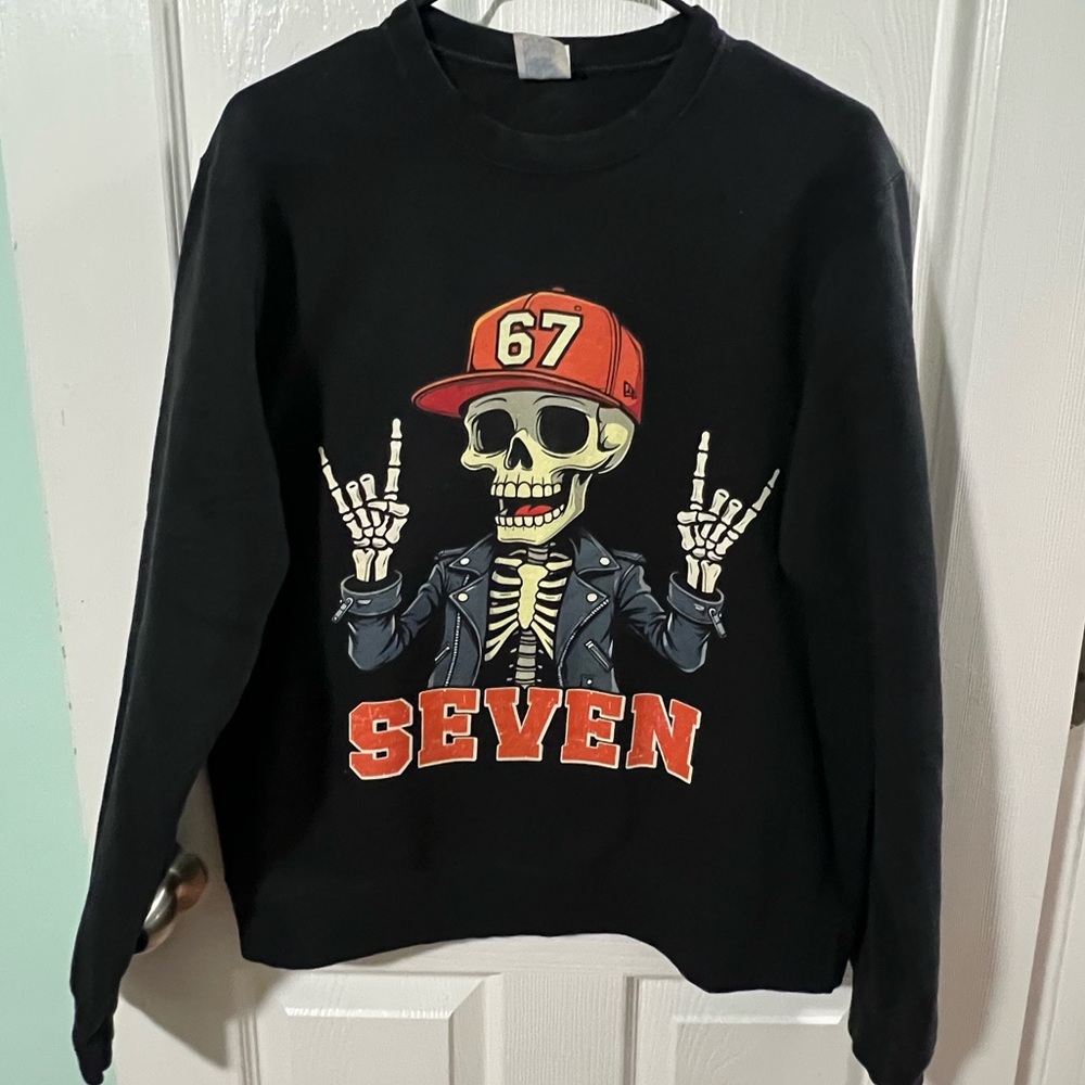 Port and Company 67 Meme Juniors/ Men’s Black Skeleton Graphic Sweatshirt.